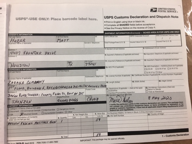 Customs form -attempt to return item to China