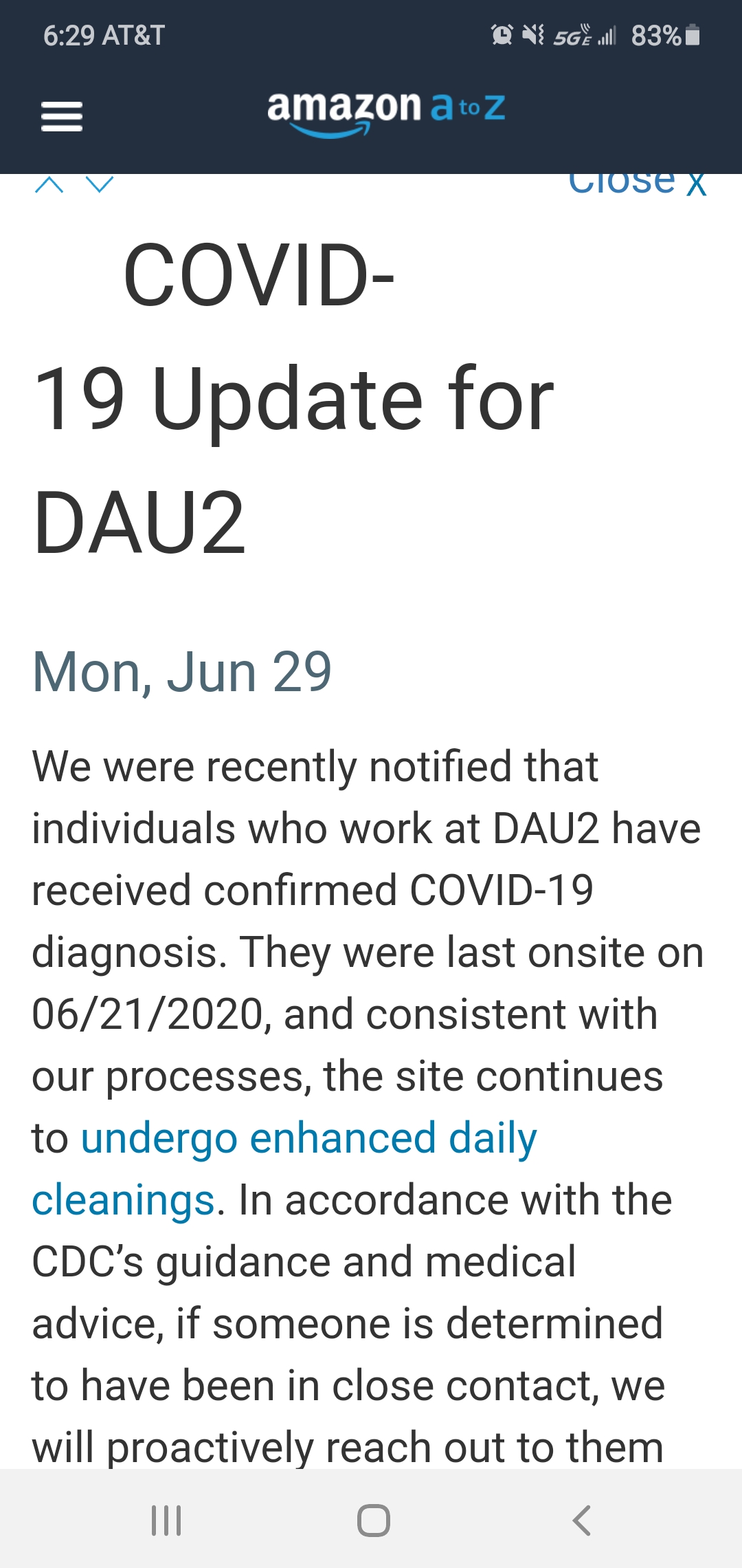 Covid 19 Notification sent to the Amazon A to Z