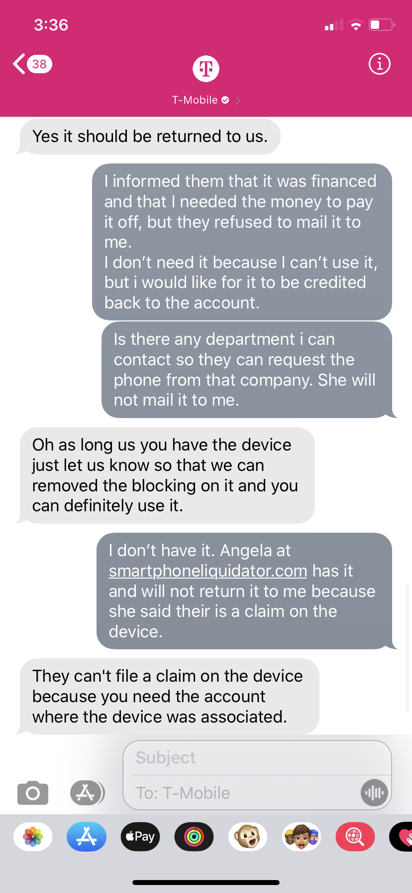 T-Mobile requests the phone, Angela refuses 