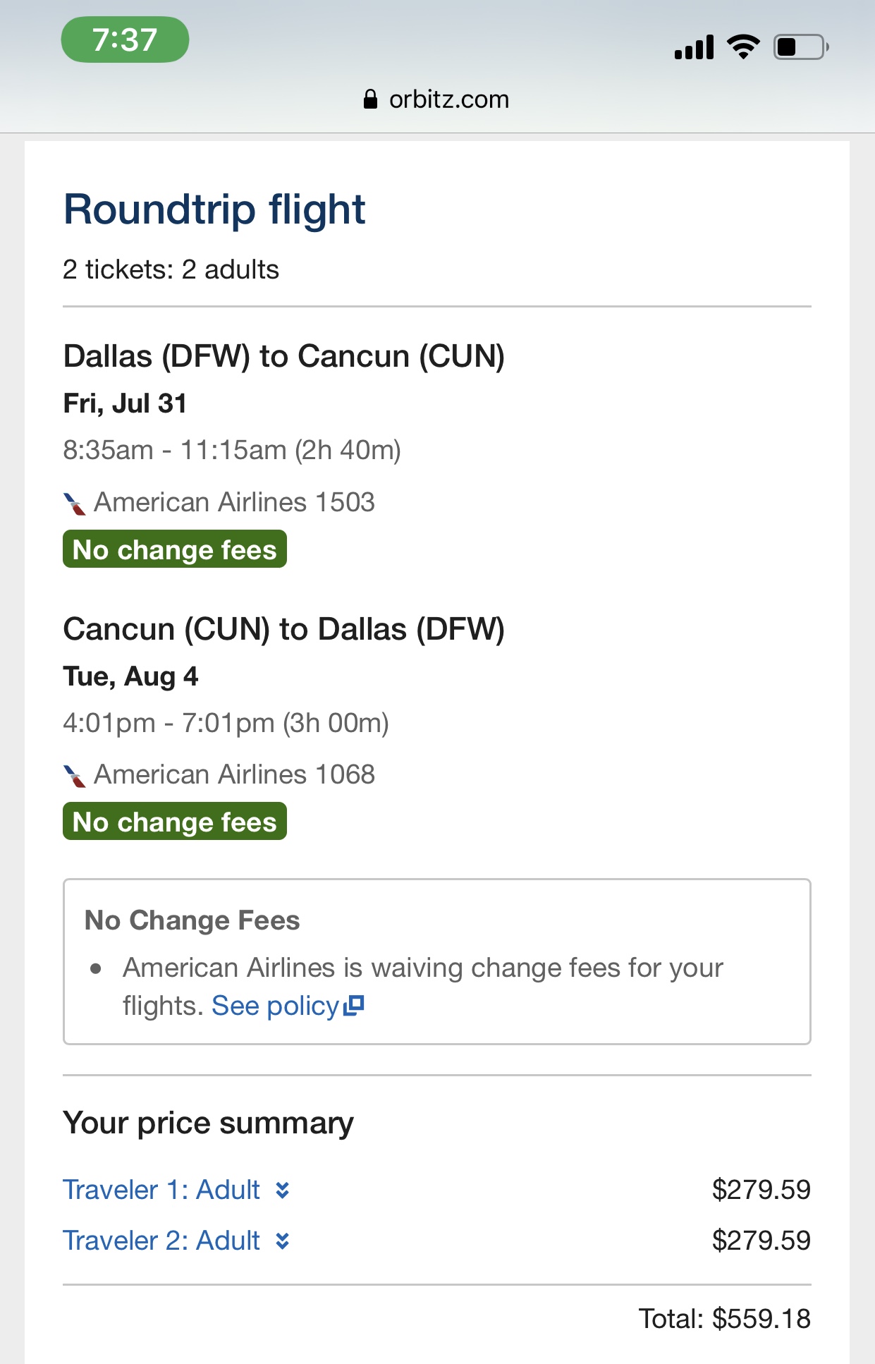Orbitz price listed for tickets we were given