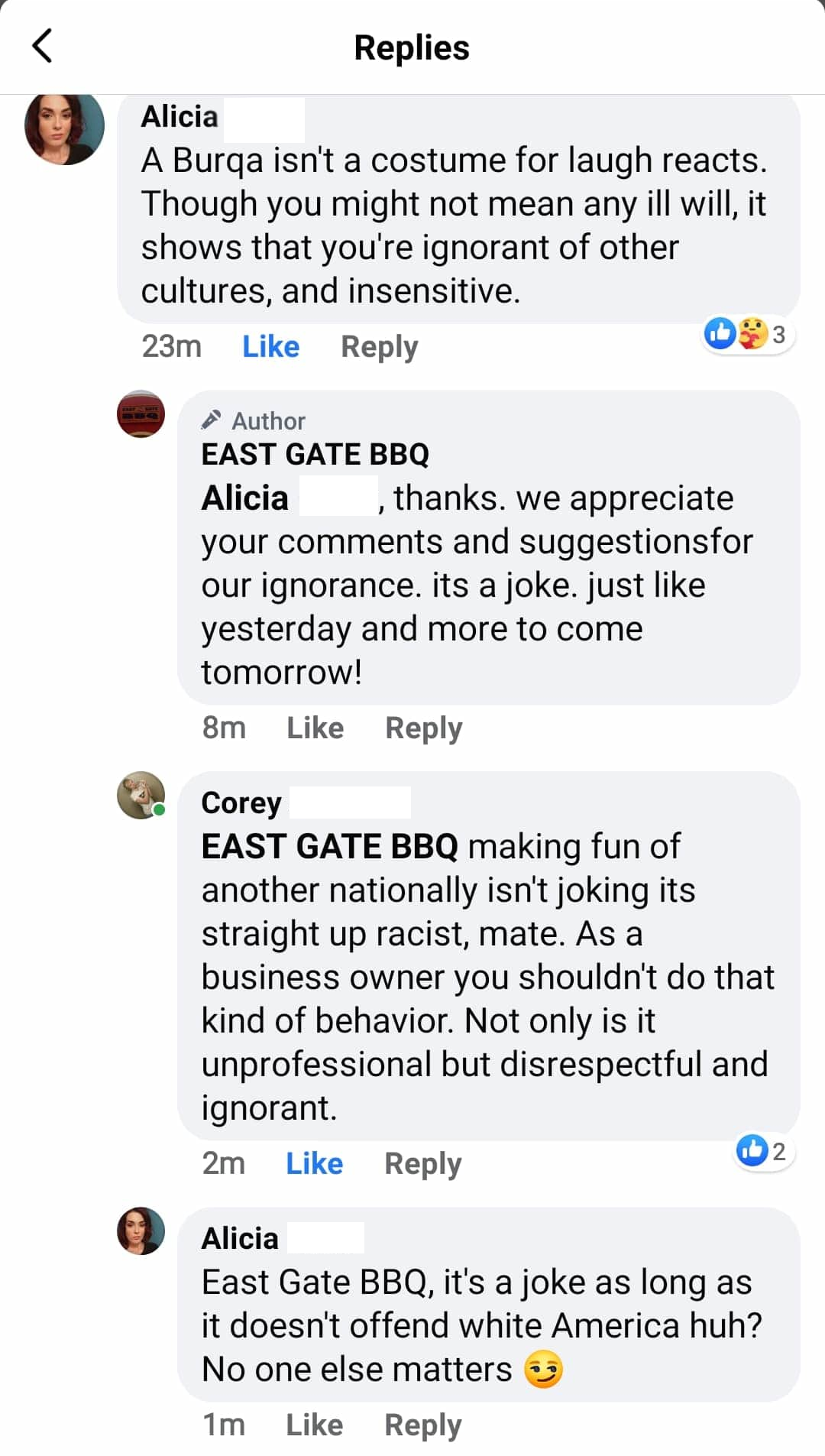 East Gate BBQ's response