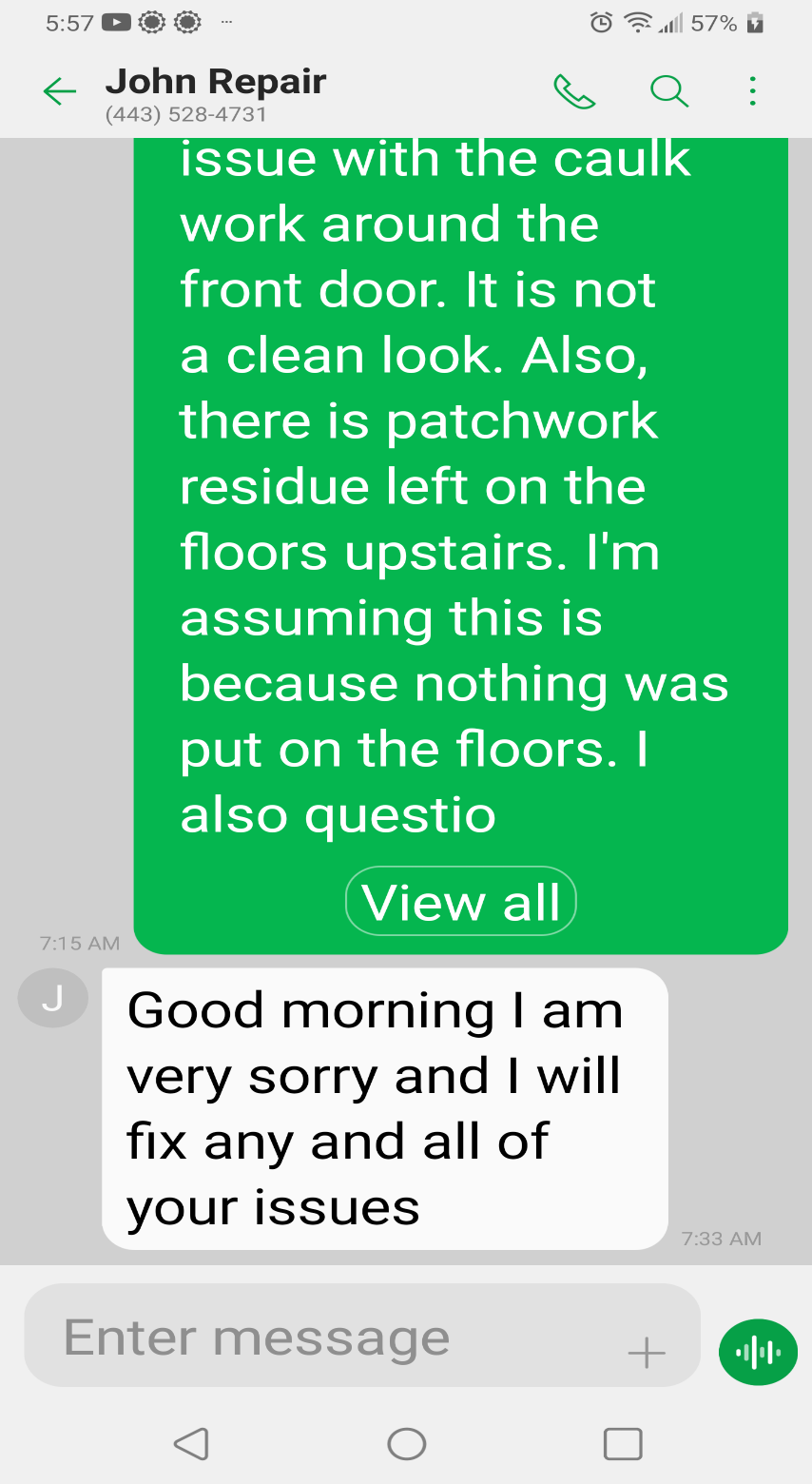 text message notifying the owner of the issues