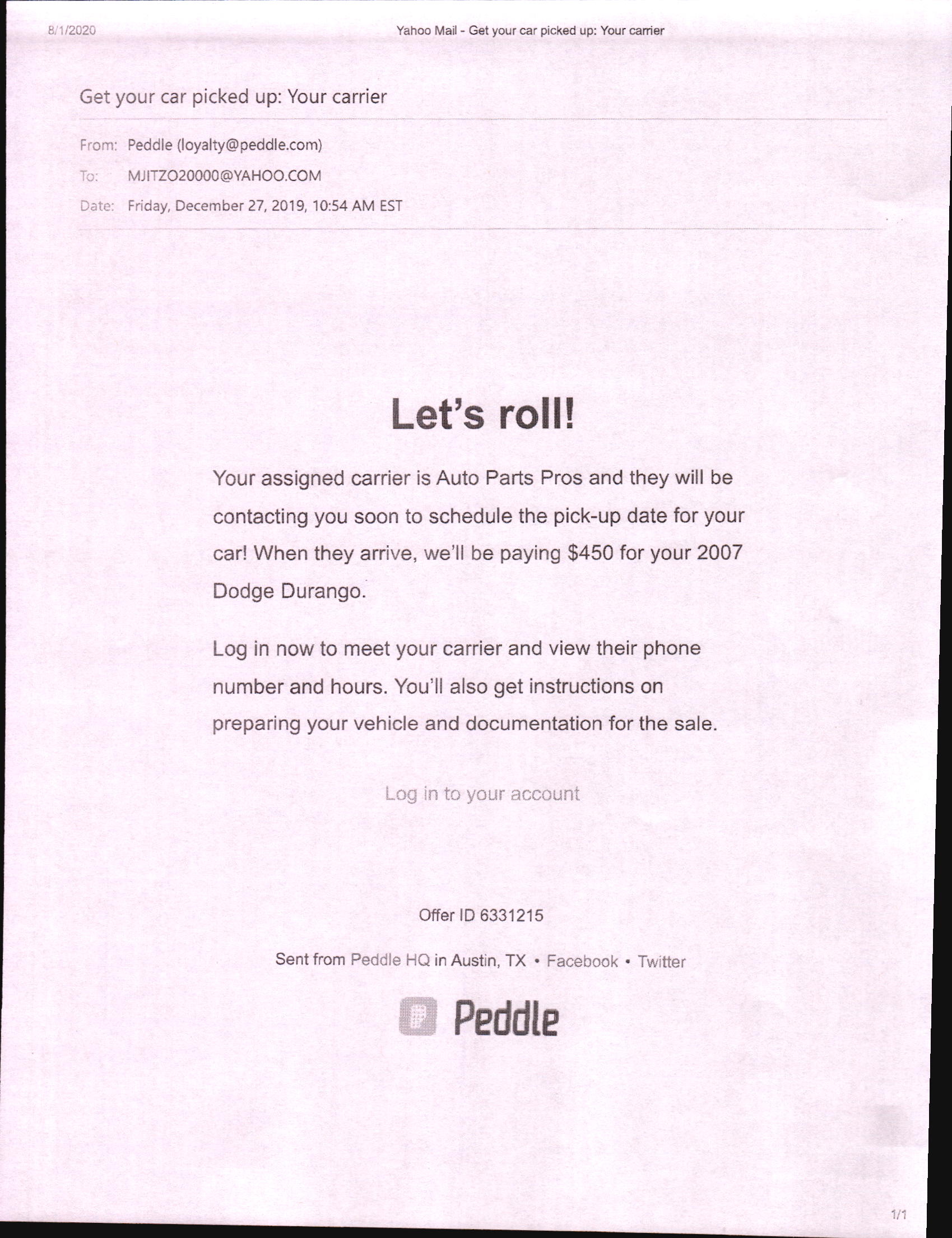 2007 Dodge Durango was sold through "Peddle" 