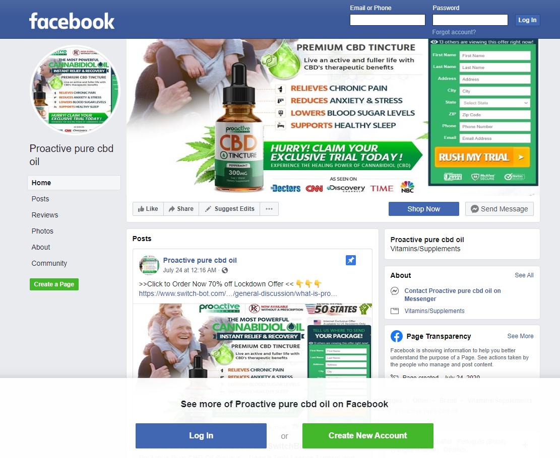 Pro Active Pure CBD oil facebook page