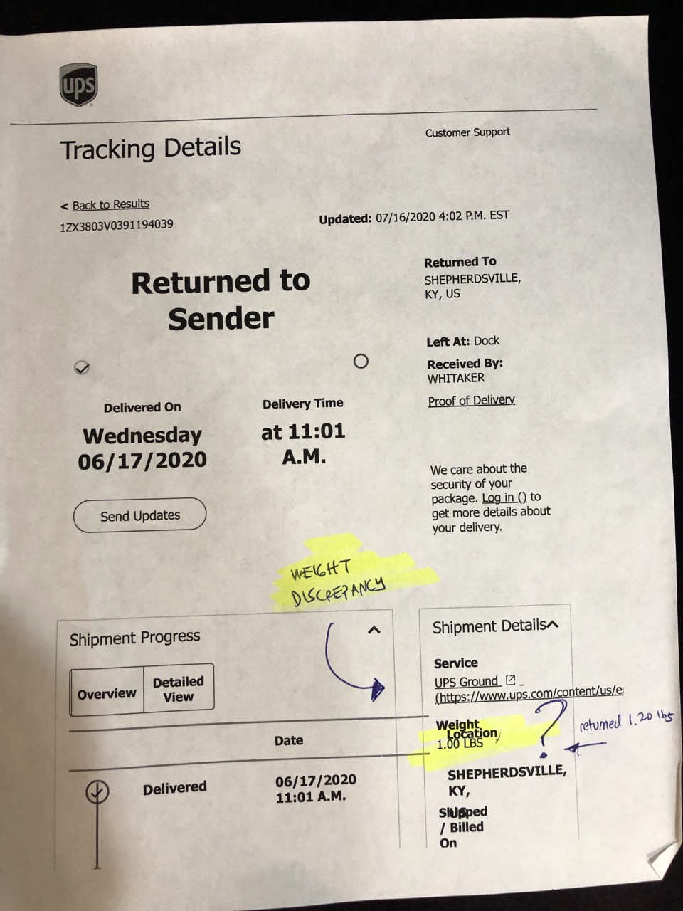 Tracking return to sender with lesser weight