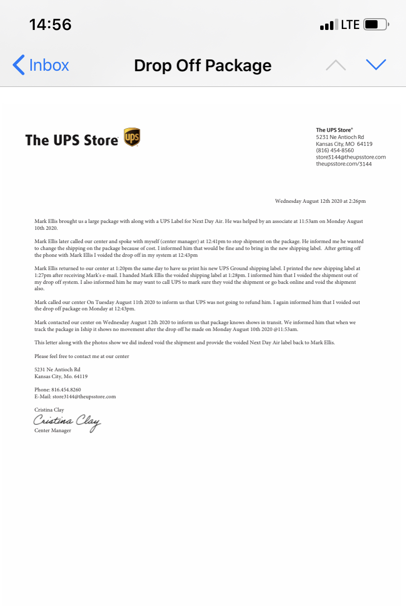 Here is the letter from the UPS store . 