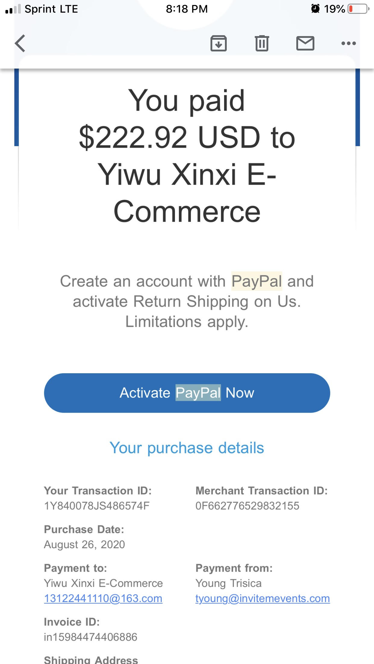 Paypal receipt where they changed thier name