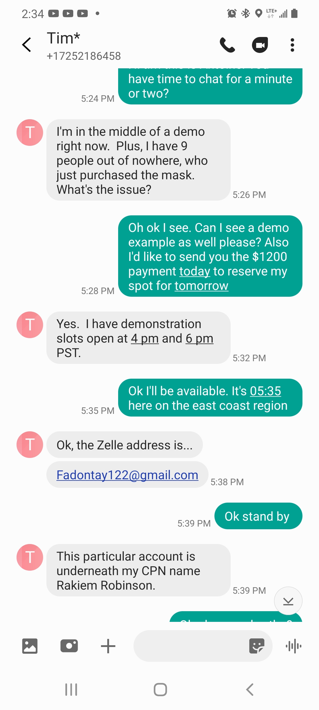 Text message of scammer 