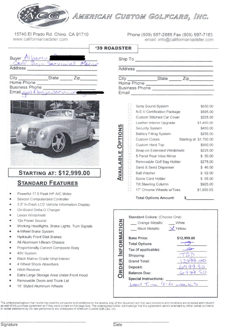 Purchase Order from American Custom Golf Cars