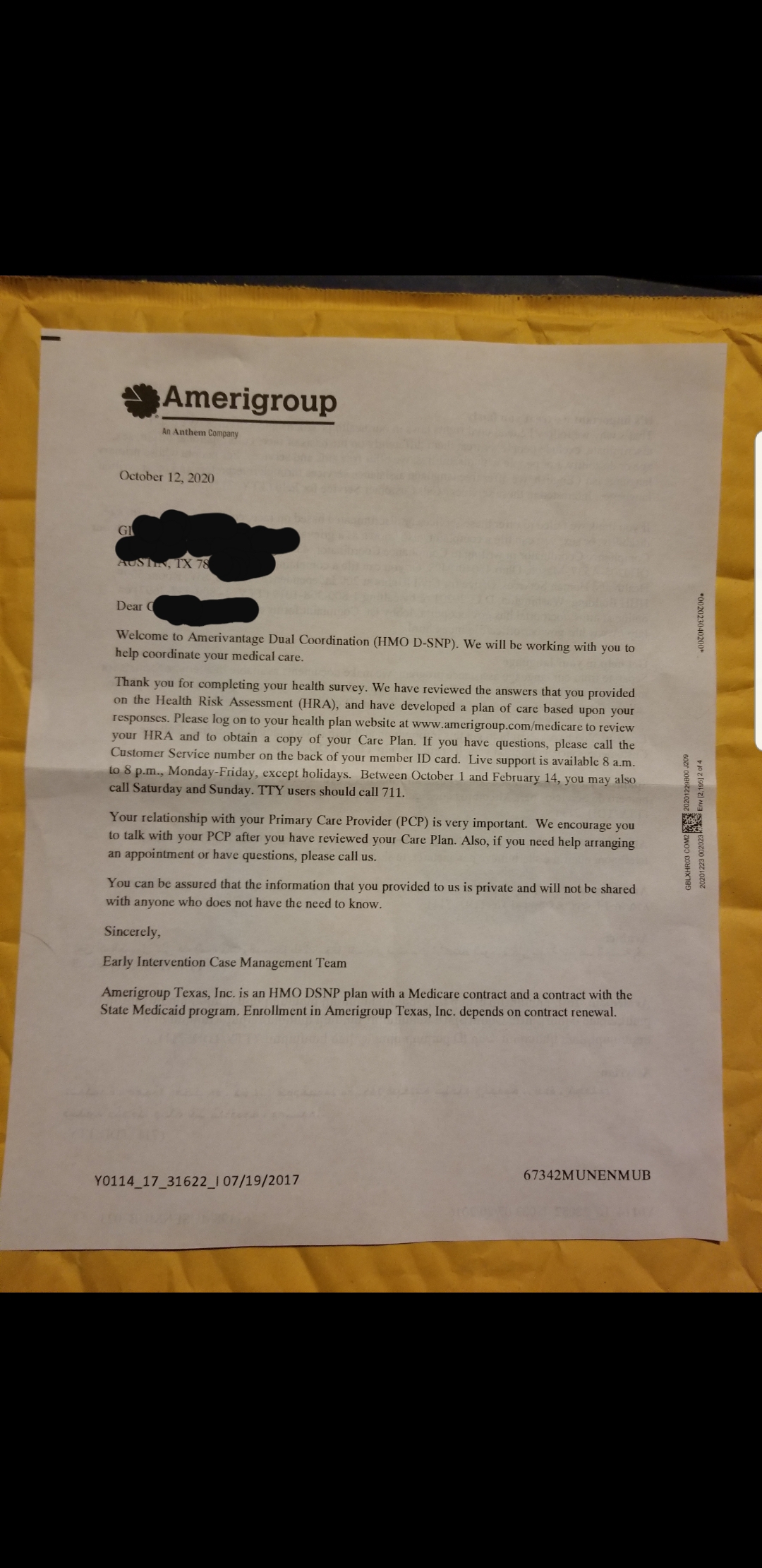 2nd Bogus HRA Amerigroup letter with contrary date