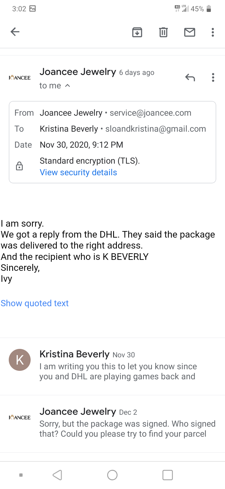 joancee said dhl said packaged delivered 