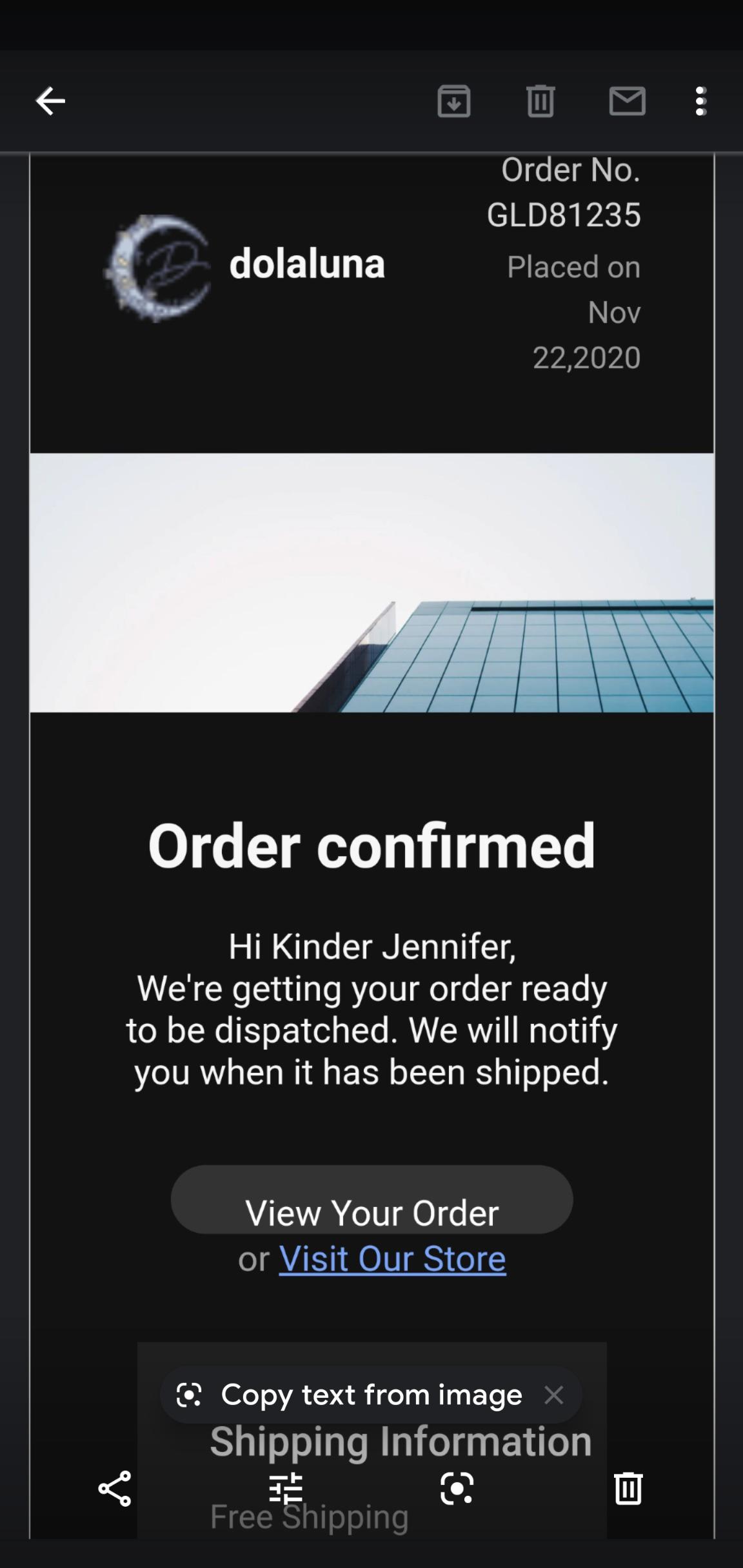 1st email after order placed
