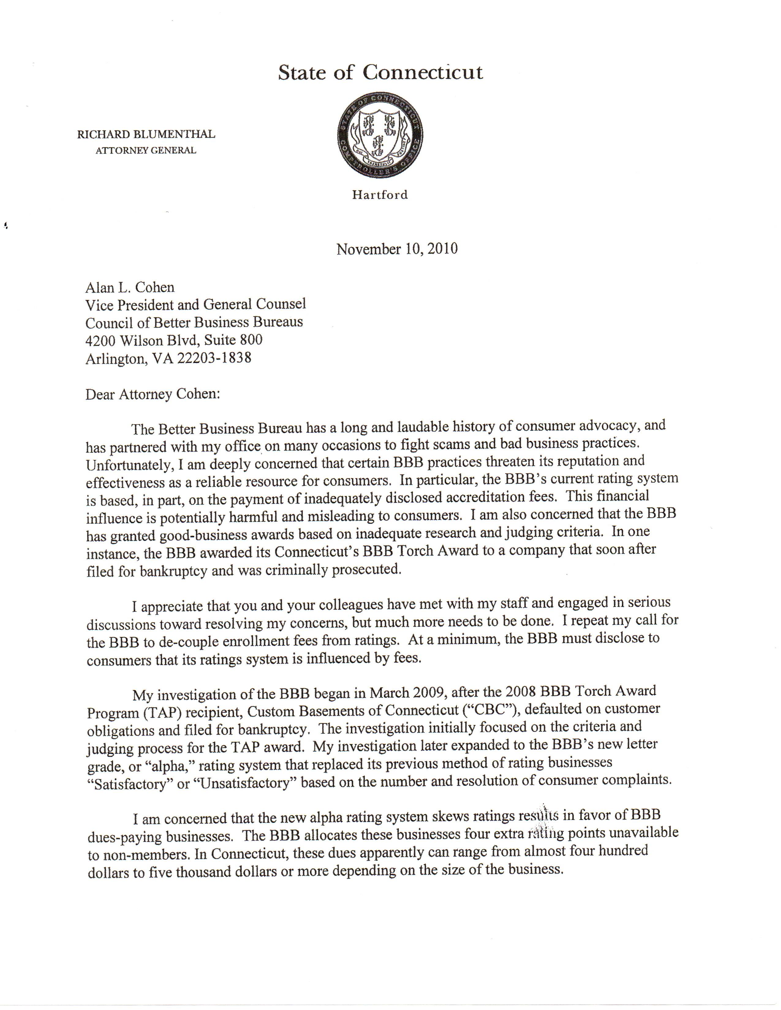 Former Atty Gen Richard Blumenthal's letter, Pg 1
