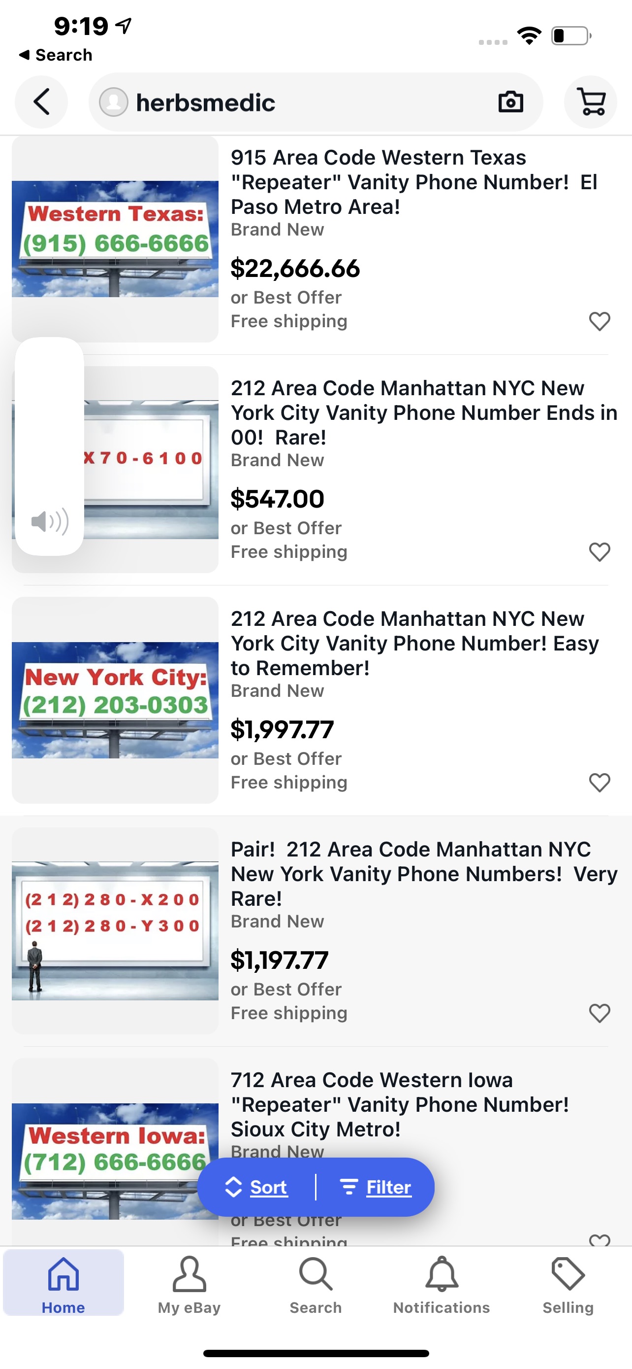 Phone number sale on eBay by Herbsmedic