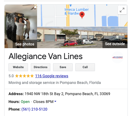 Google listing 116 5-star reviews since 11/20