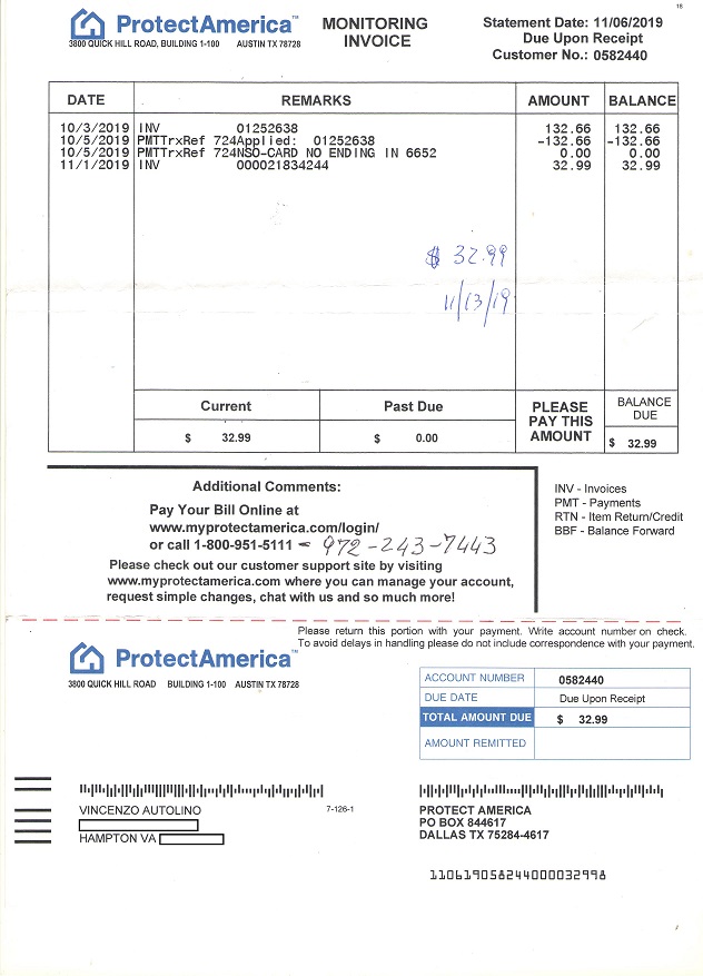 First Protect America invoice with cost of equipme