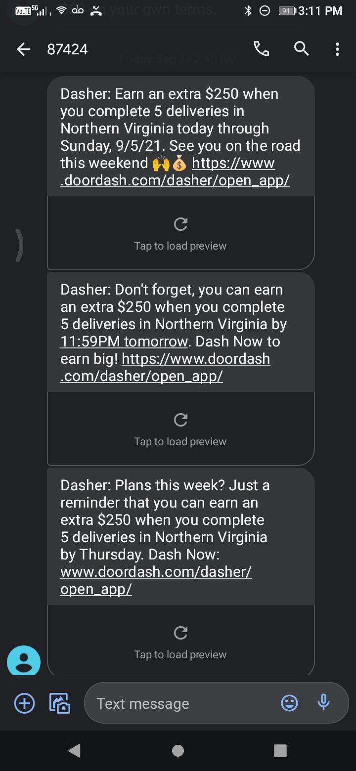 SMS from Doordash to ME with 2 incentives