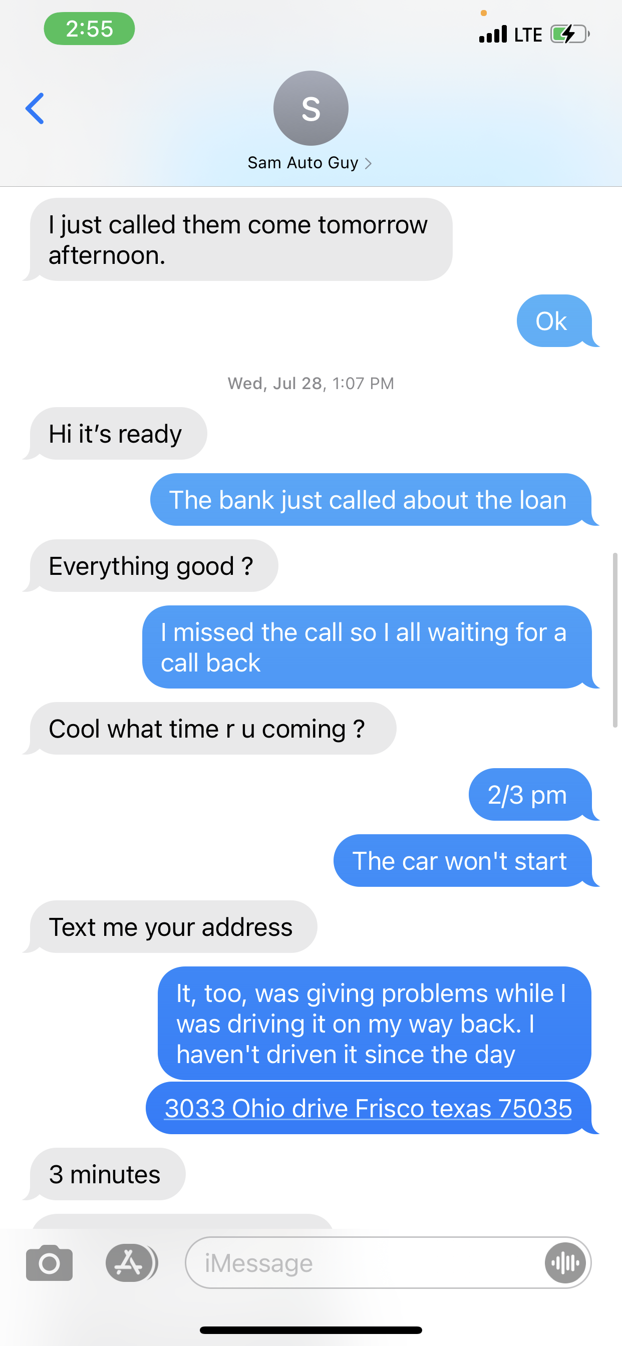 Text message with the auto company 