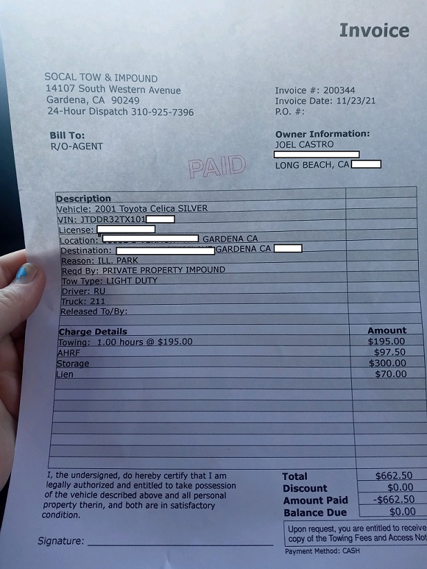 Receipt for Illegal tow 5 days $662