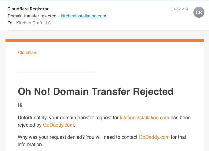 Cloudflare says GoDaddy blocked transfer. 