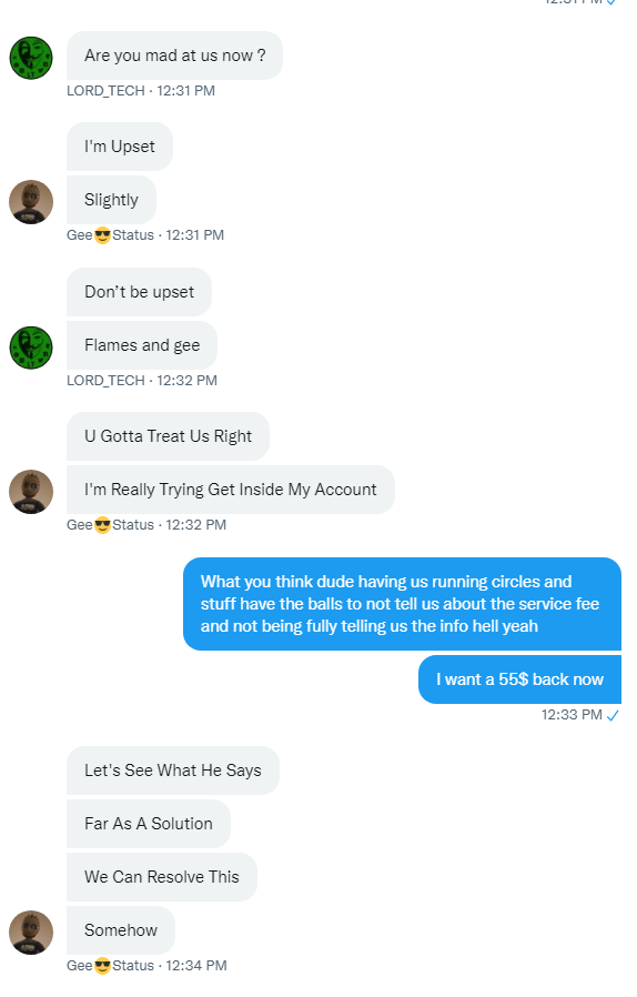 Screenshots of conversation where we were scammed.