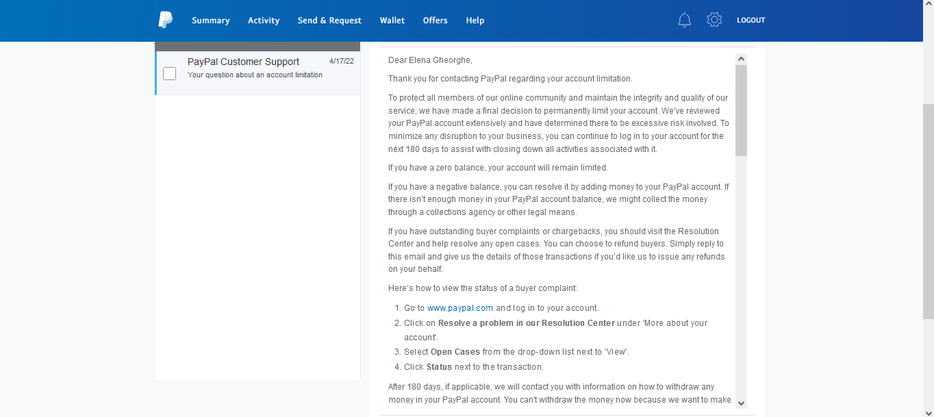 Answer from the PayPal support