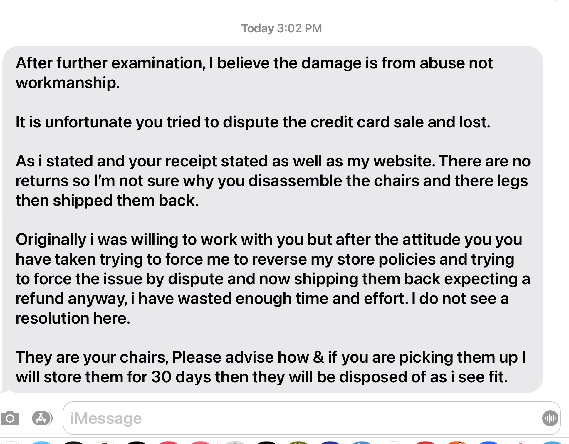 Merchant’s response after chairs returned