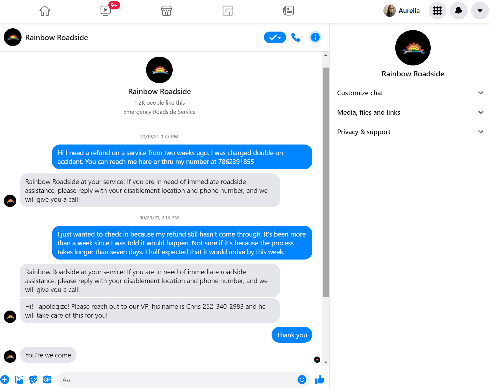 Facebook messages with company admin