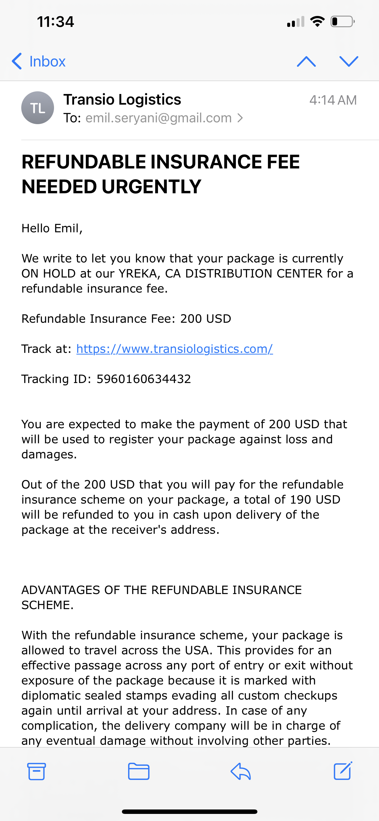 Scam logistics notice by email 