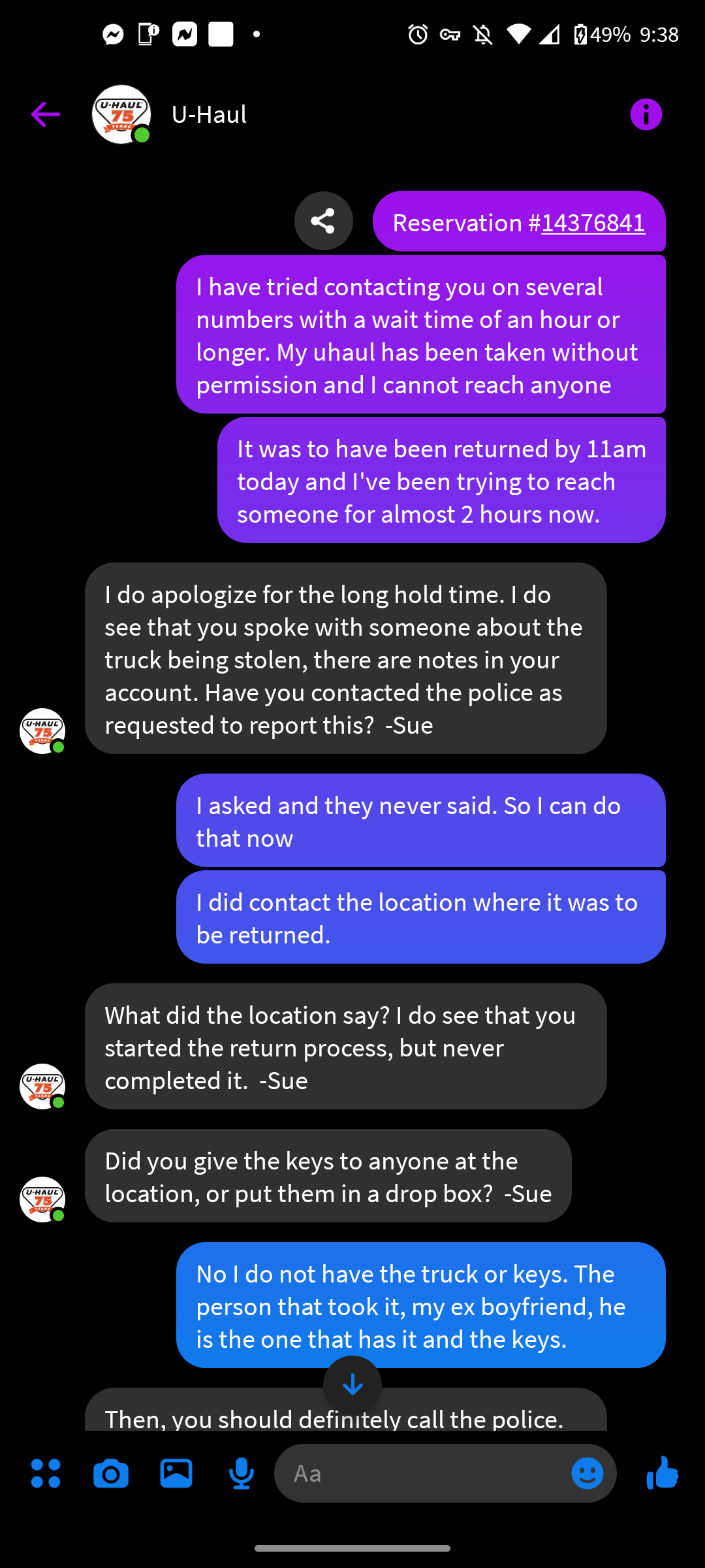 Initial contact with Uhaul