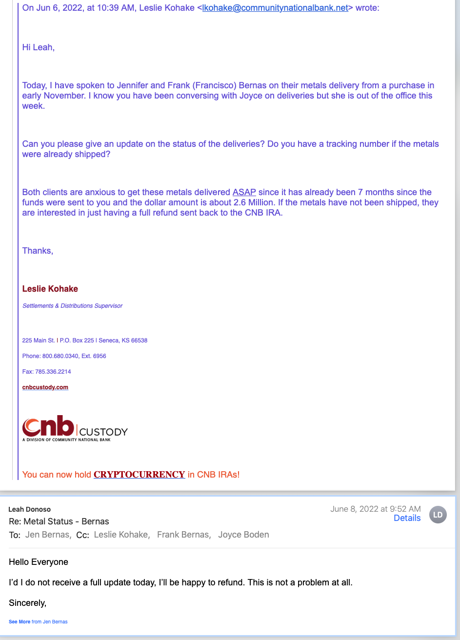 Communication between CNB and Regal Assets: REFUND