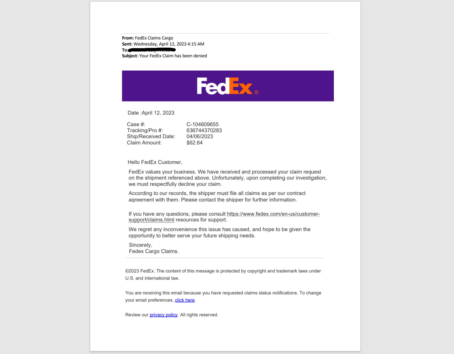 FedEx Complaint Report