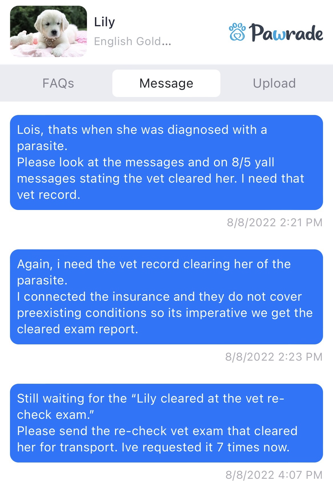 Continuously requesting 'cleared vet exam'