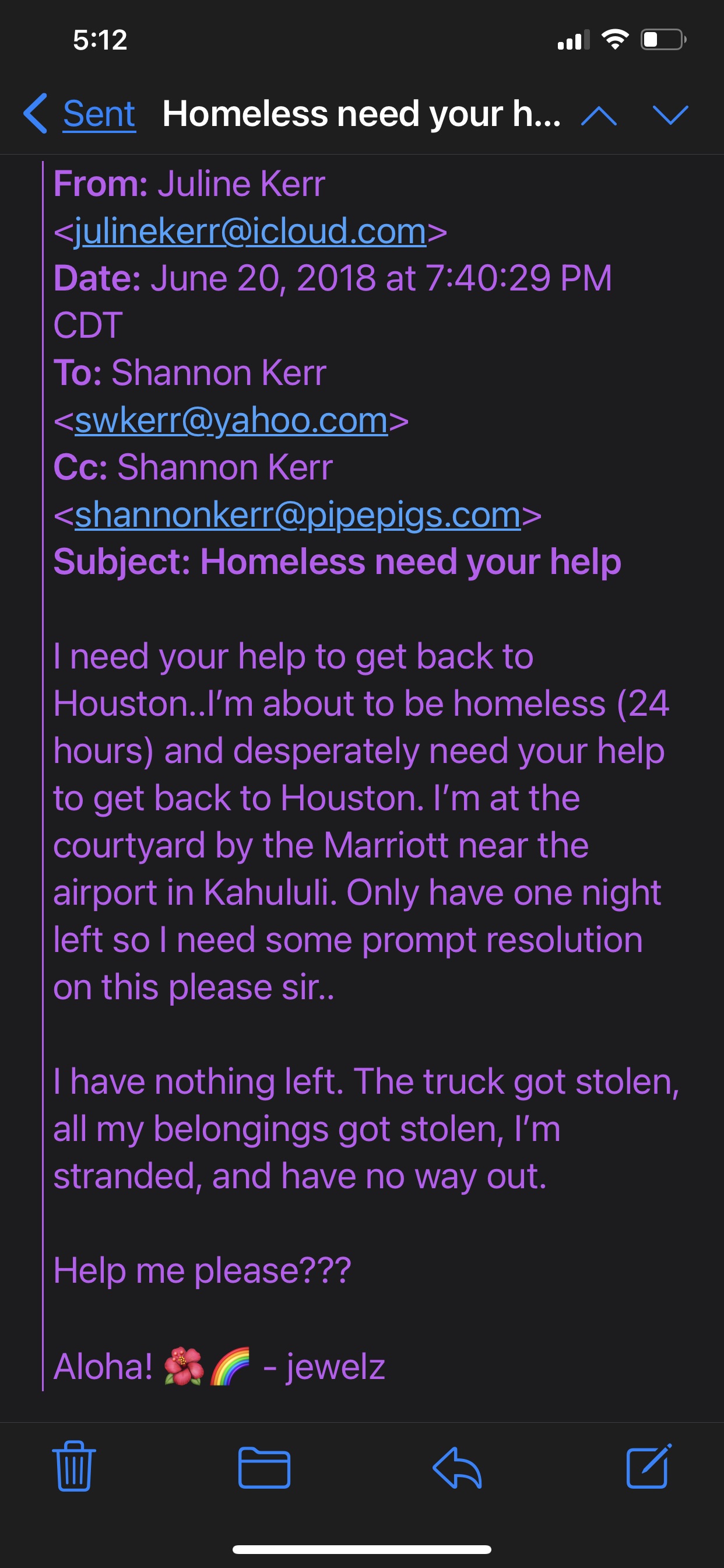 June 20 2018 email to Shannon regarding homelessn