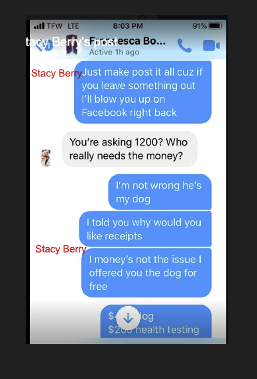 Stacy Berry's text in blue