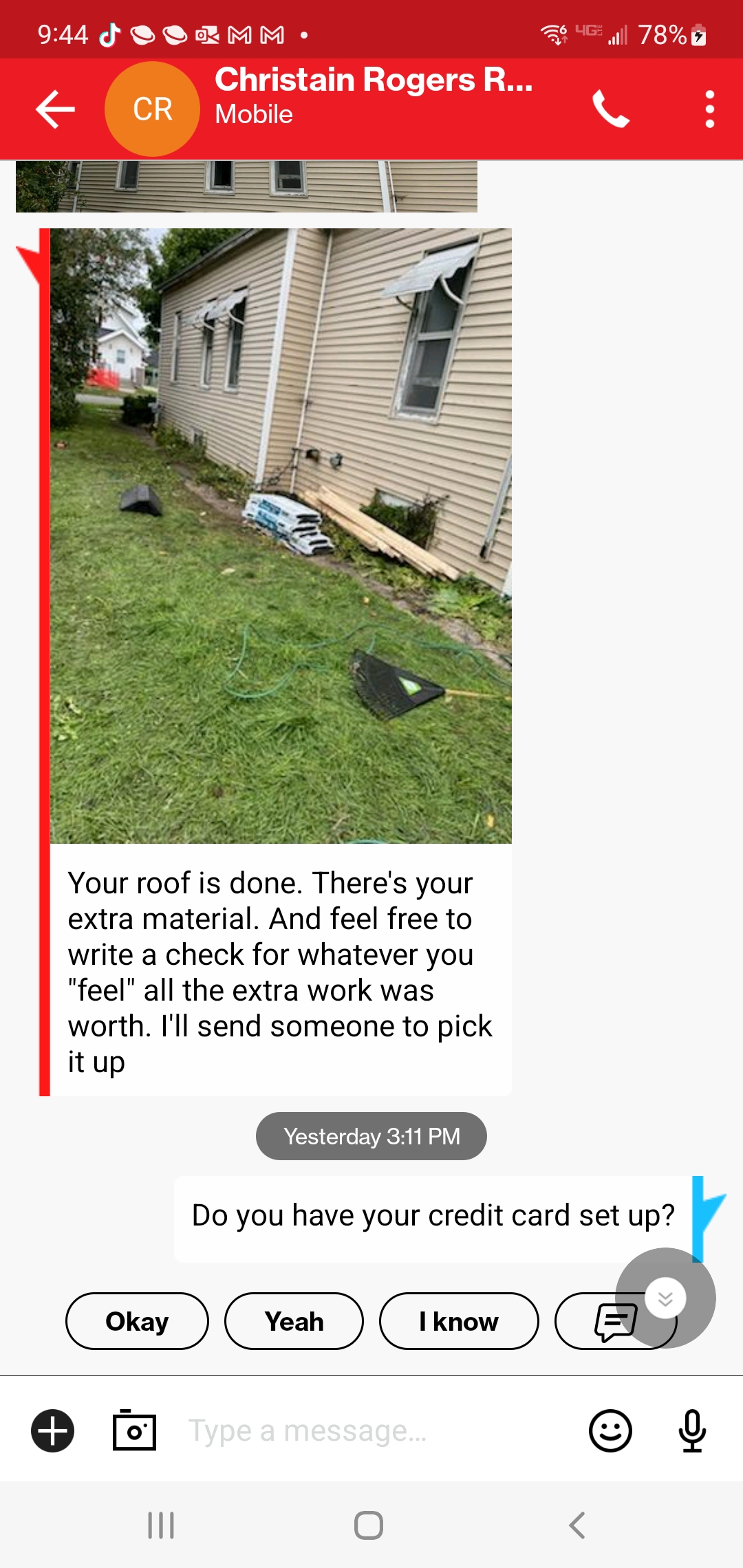 text message claiming work was done