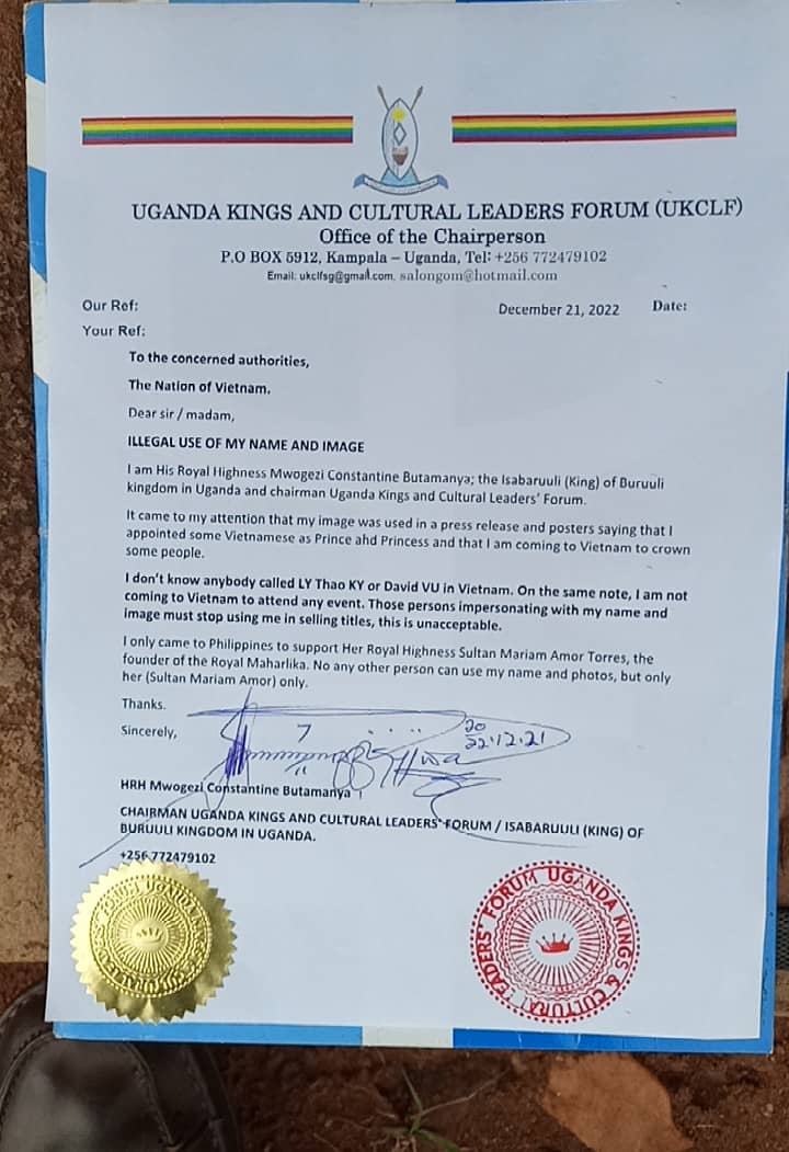 Warning letter to LyThaoKy from King of Uganda 