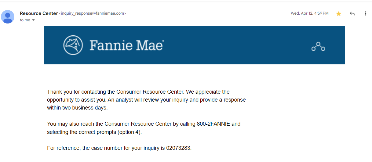 Fannie Mae Email Auto response for inquiry 2023