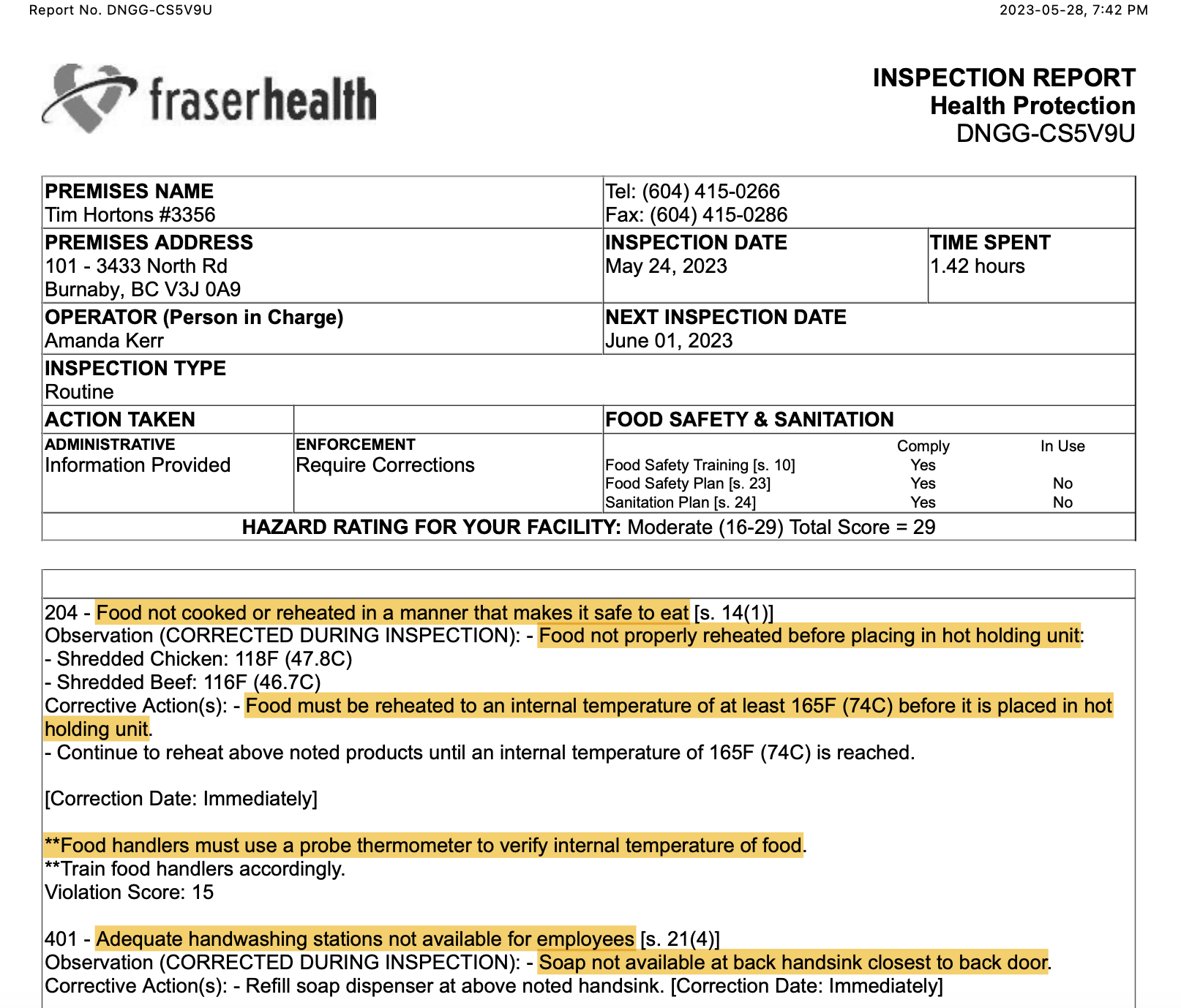 Fraser Health inspection report, page 1