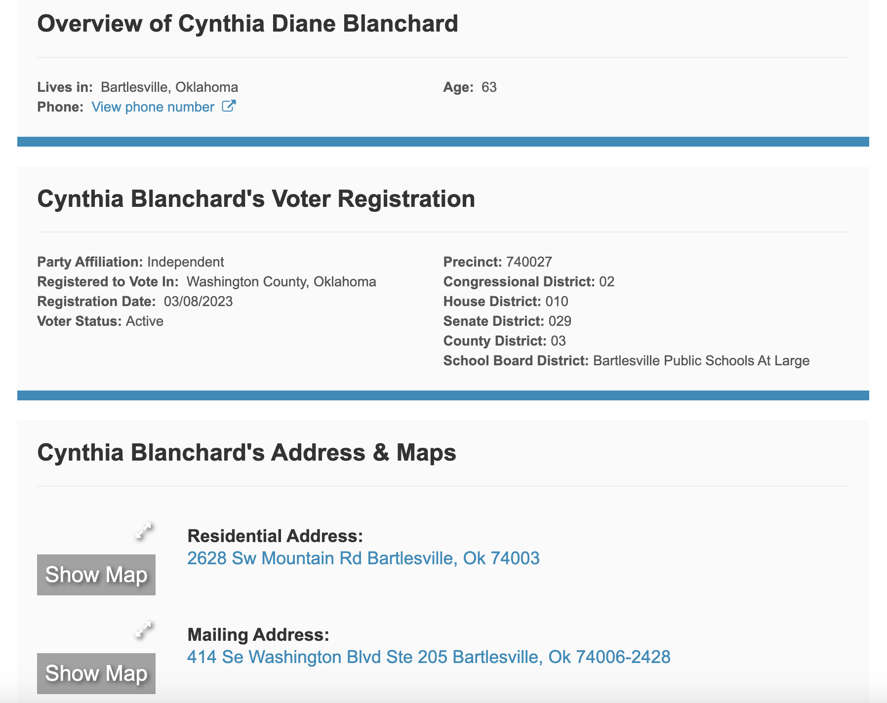 Correct Address for Cynthia Diane Blanchard OK