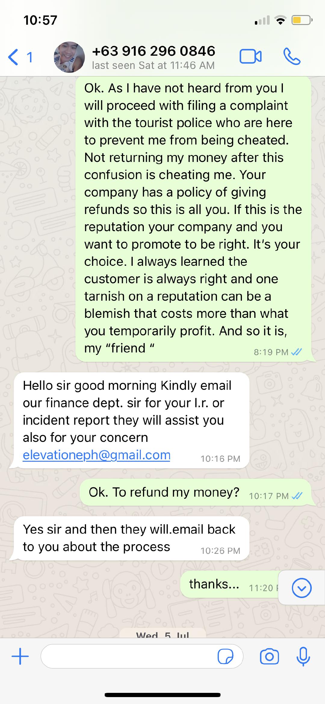 Text from Elevatione manager promising refund
