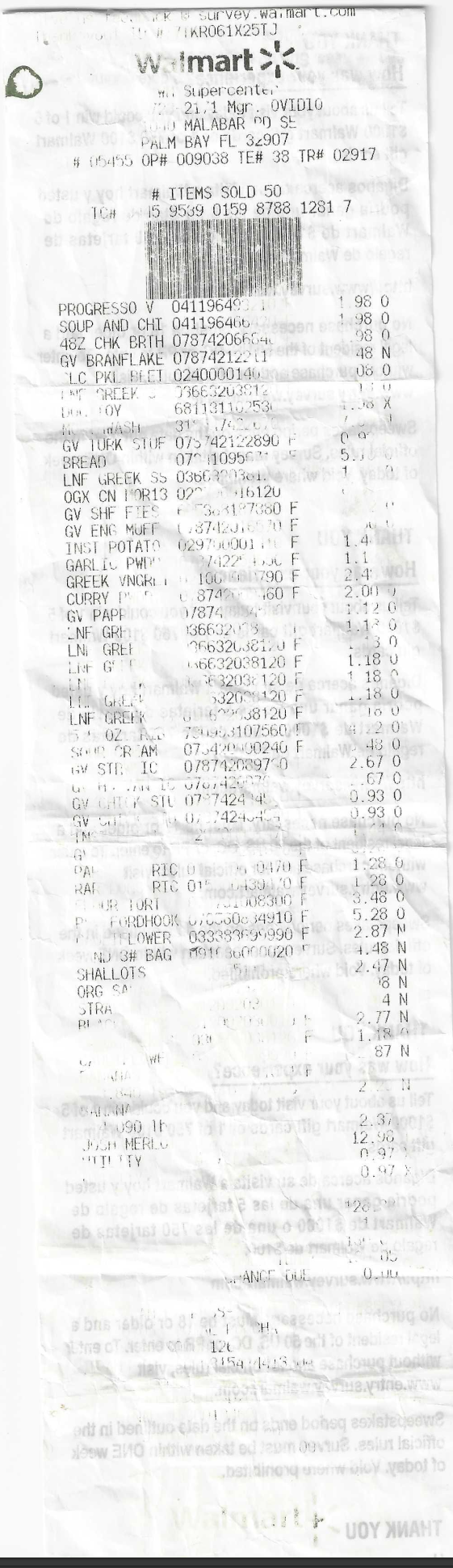 Typical Walmart Malabar illegible receipt