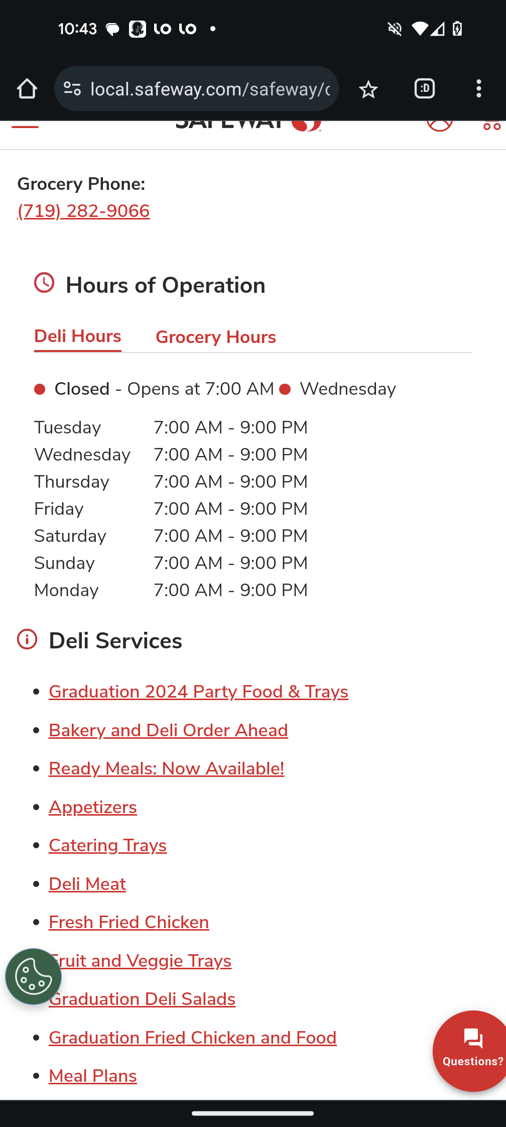 Store deli hours on their own website