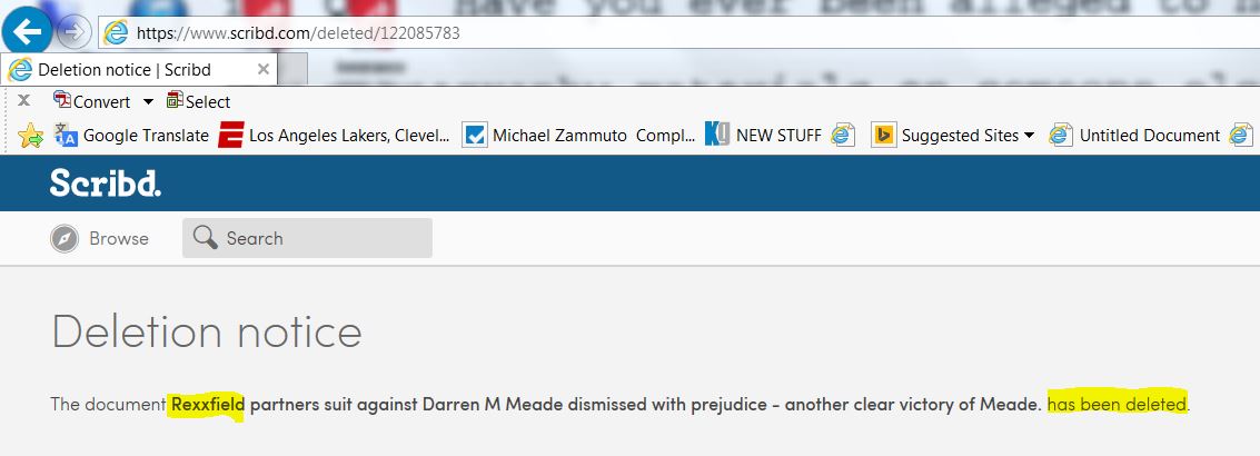 Michael Roberts Rexxfield and Sac County Prosecutor Ben Smith have reporter Darren Mitchell Meade's SCRIBD account deleted which contained over 100 documents cited in Meade's reporting.