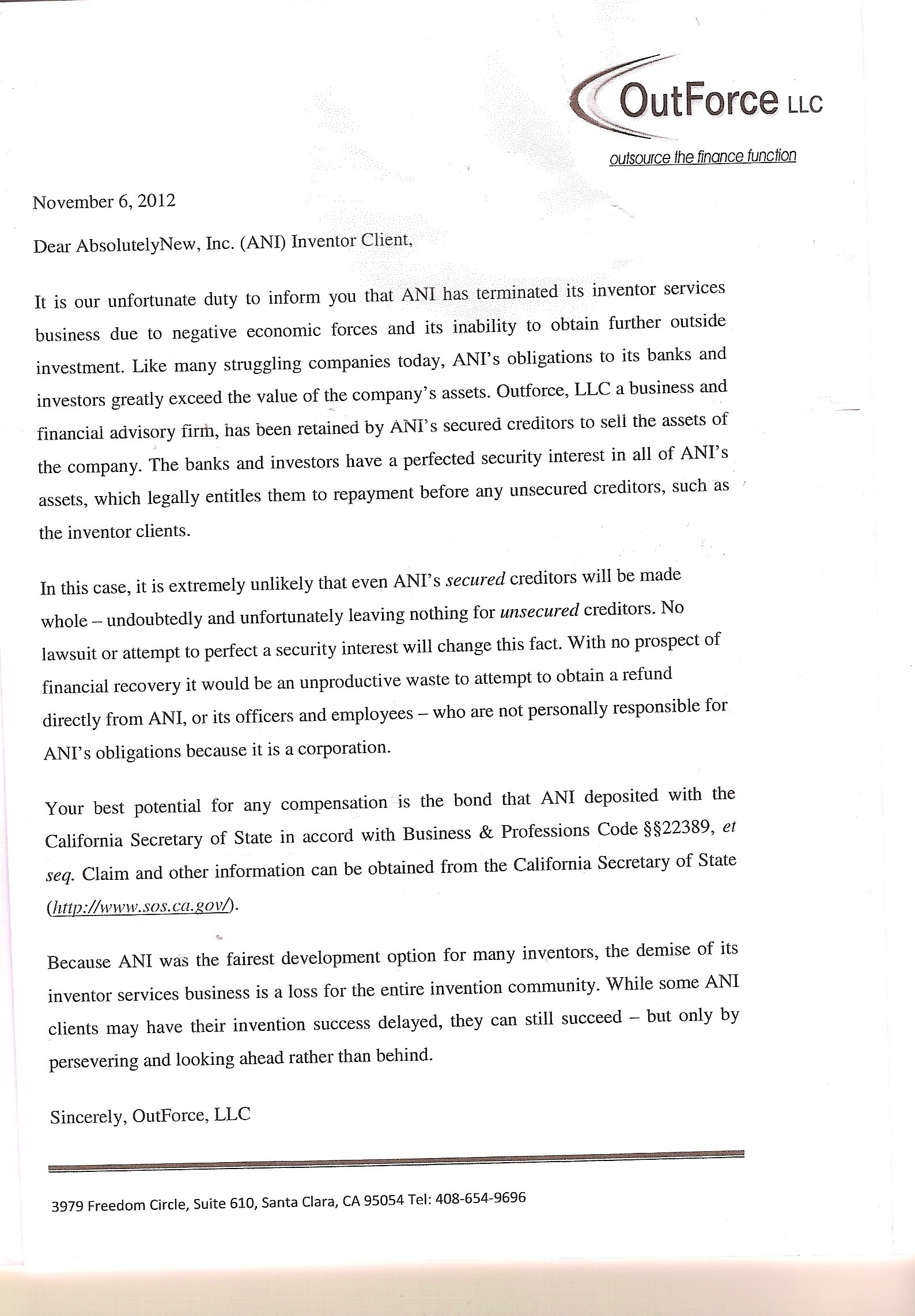 Letter I received notifying me of ANI discontinuing business.
After note:
ANI is back in business with different people and continuing where they left off.
website is absolutelynew.com