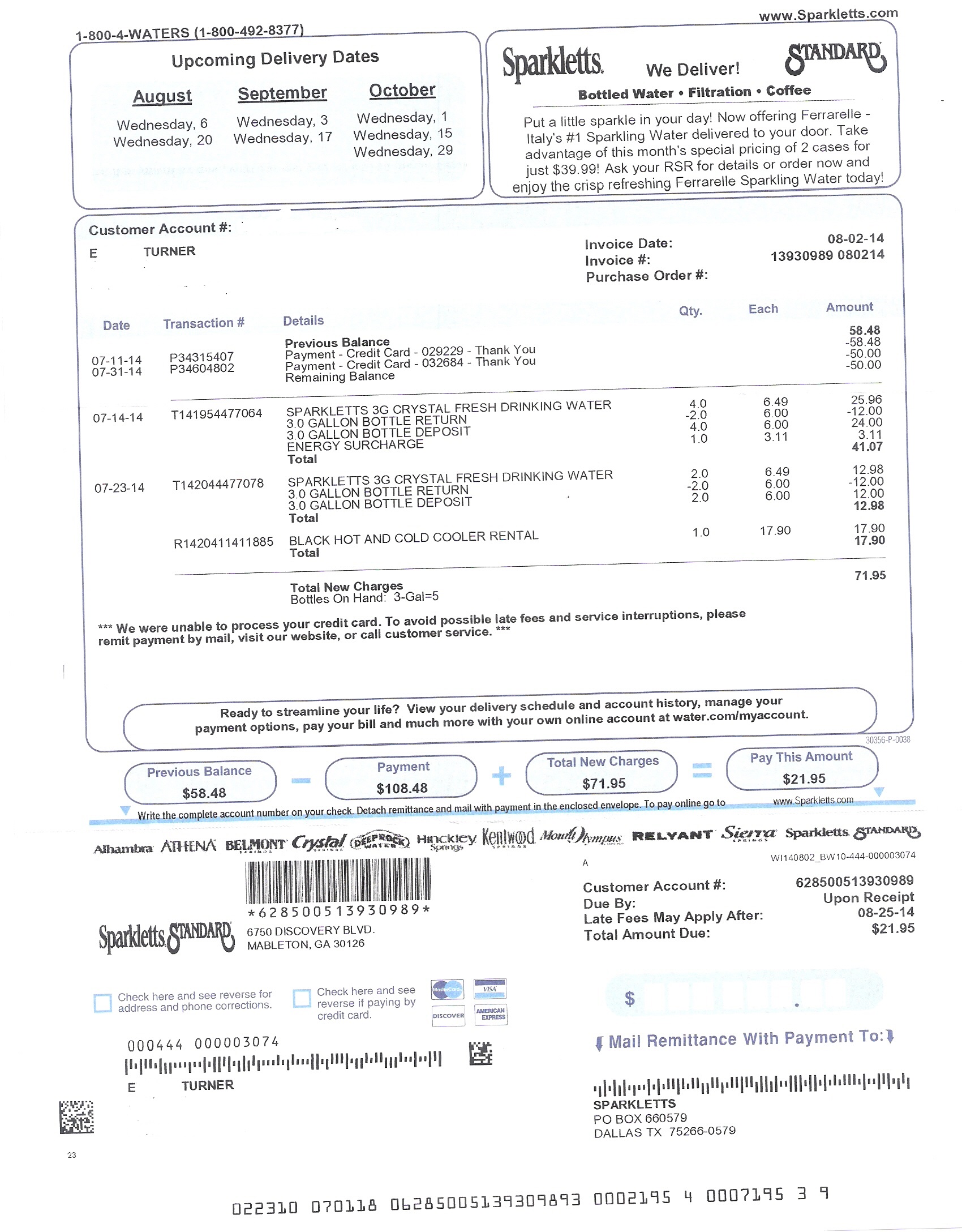 This is my invoice showing when I began service and how much I have been charged. You can clearly see over billing on the bottle deposits as well as the fact that I have been charged over $100 for les