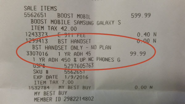 Purchase receipt showing added 1-year handset protection plan by Best Buy Geek Squad