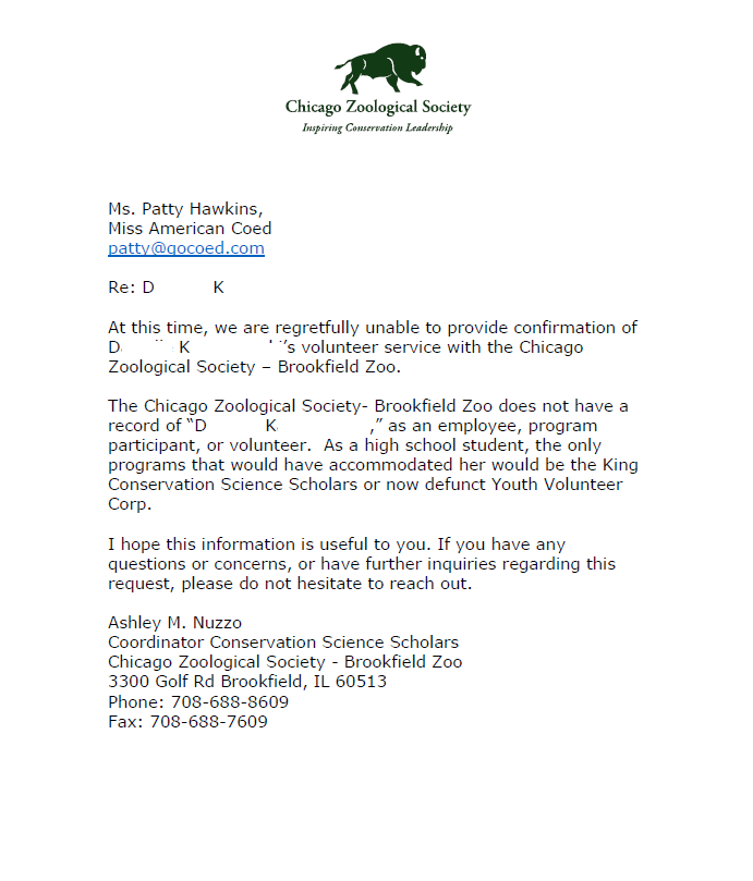 Letter Verifying Danielle Kaczanowski Did NOT Volunteer at Brookfield Zoo