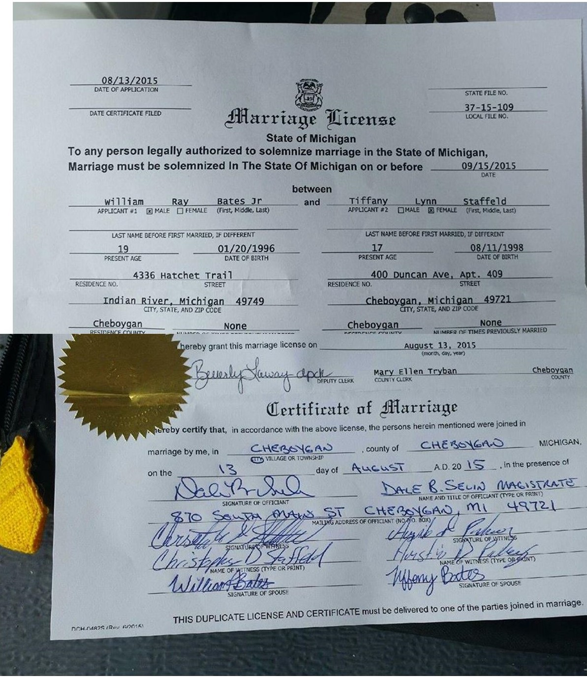 This is a copy of my daughter's marriage license. 