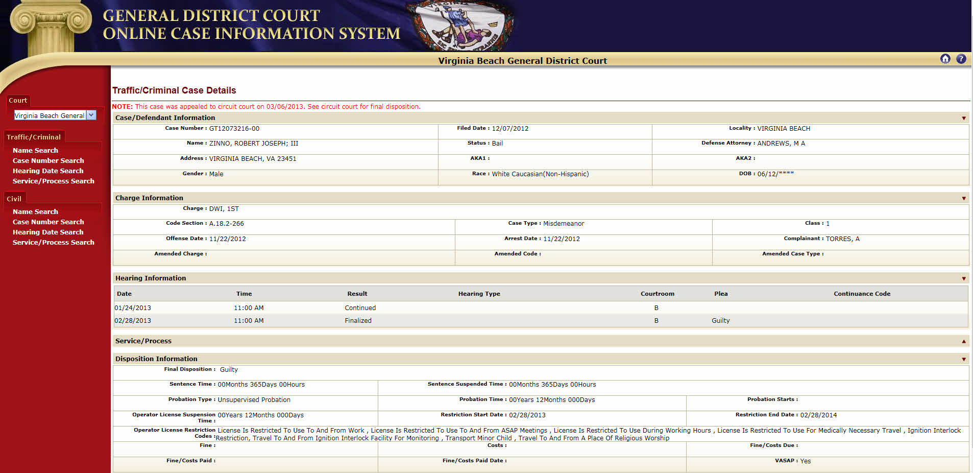Robert (BO) Zinno DUI / DWI court record #1